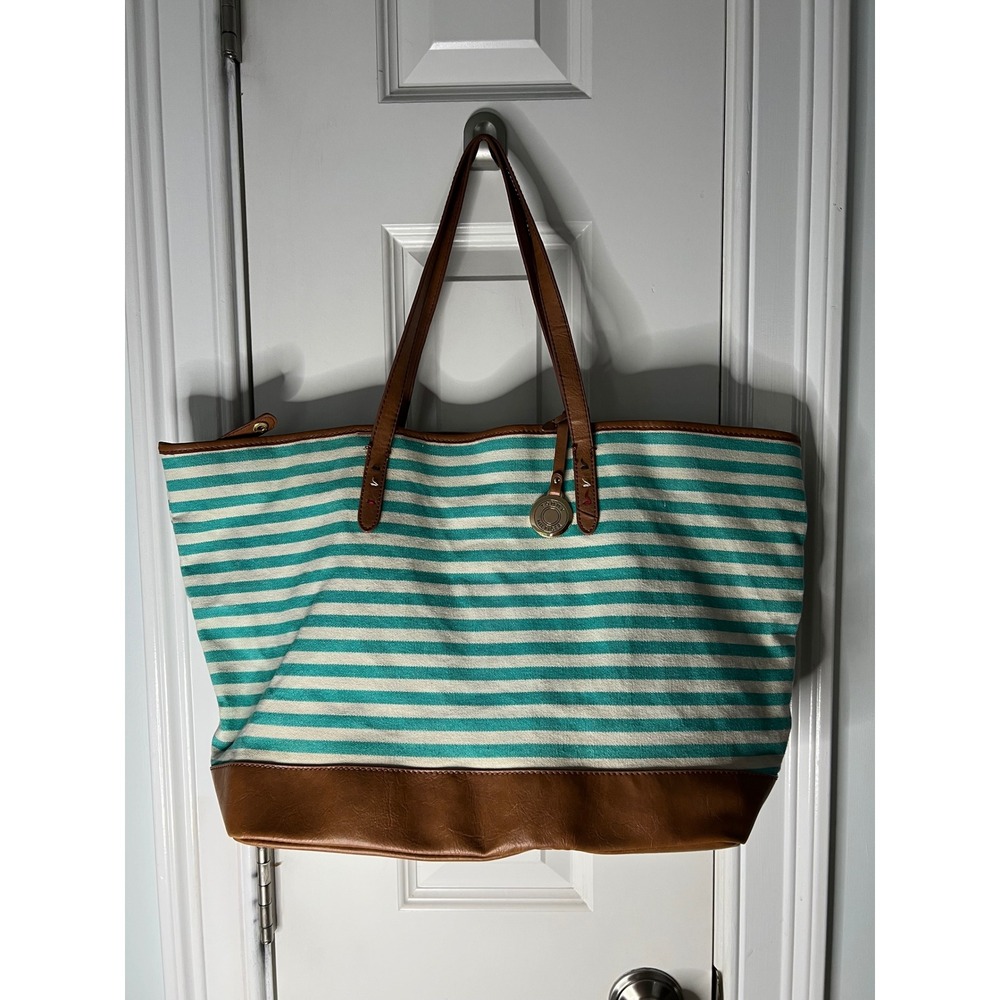 Tommy Hilfiger Canvas Tote Bag Teal White Striped Nautical Beach Shoulder Bag